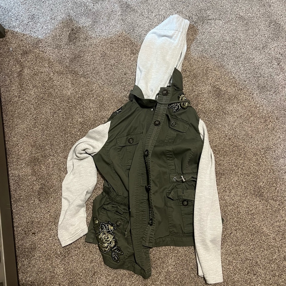 Size medium INC embroidered green and gray jacket. Like new. Barely worn